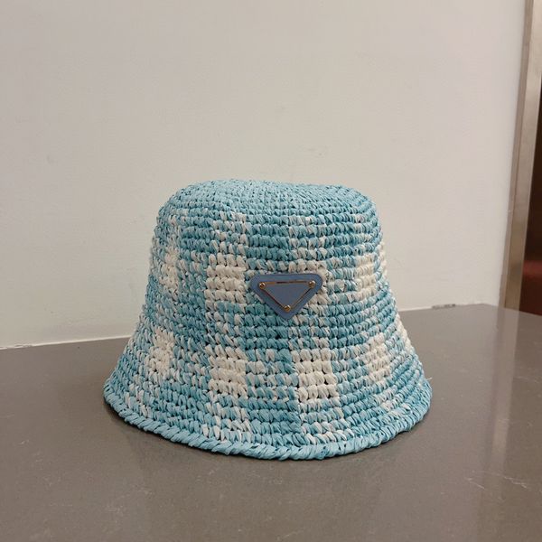 

luxe straw hat fashion contrast color bucket hats hand weaving simple breathable fisherman caps, Blue;gray