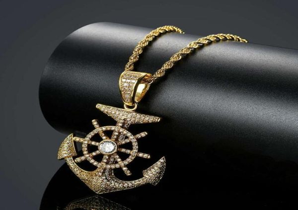 

hip hop ship039s anchor rudder diamonds pendant necklaces for men luxury necklace real gold plated copper zircons cuban chains 9860112, Silver