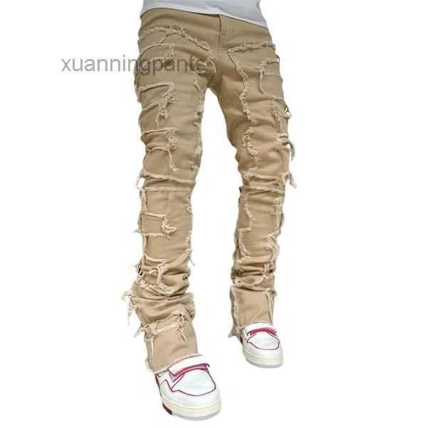 

men's jeans regular fit stacked patch destroyed straight denim pants streetwear jean jiin, Blue