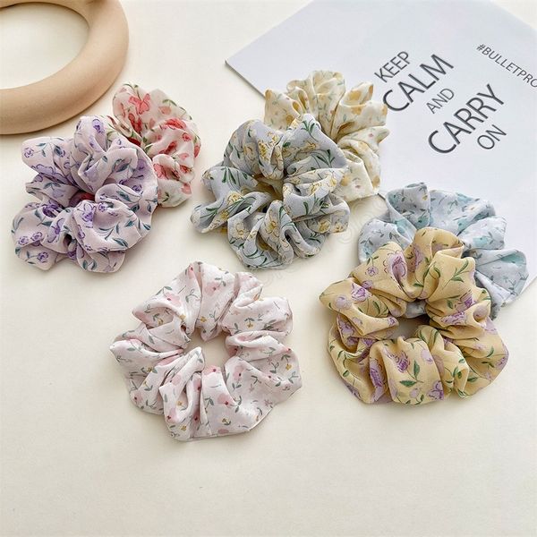 

floral printed scrunchies for hair chiffon flower elastic hairbands women hair accessories ponytail holder hair ties rubber band, Slivery;white