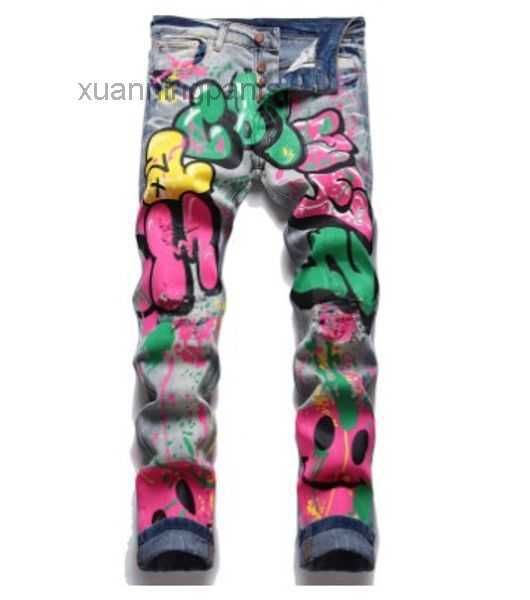 

men's jeans men colored doodle painted denim streetwear punk stretch pants buttons holes ripped slim pencil 68j3, Blue