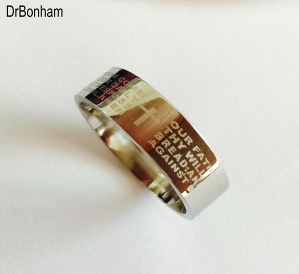 

silver english bible ring 8mm 316 titanium steel white gold color cross letter prayer bible wedding band ring men women4228576