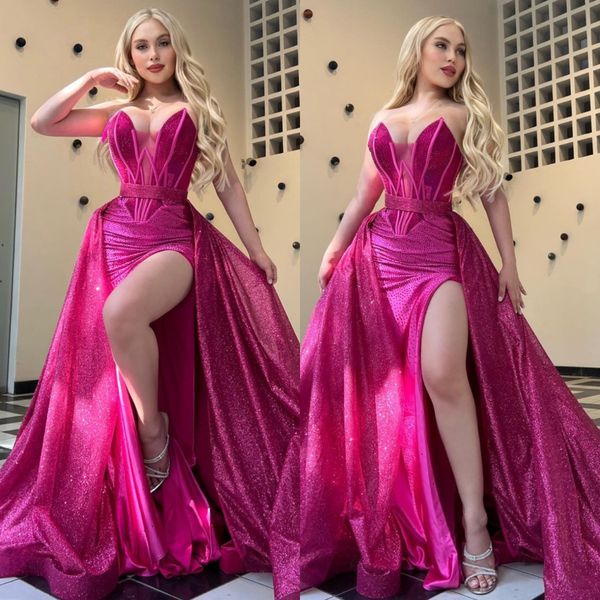 

elegant overskirts rosy pink evening dresses sweetheart glitter party prom dress split sweep train long dress for special occasion, Black;red
