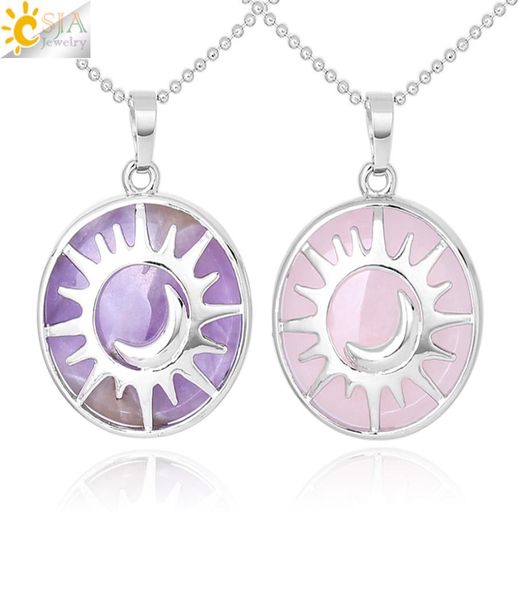 

csja fashion sun moon necklace natural stone flat round beads pendant reiki healing jewelry for women men lucky mascot charms gift4430049, Silver