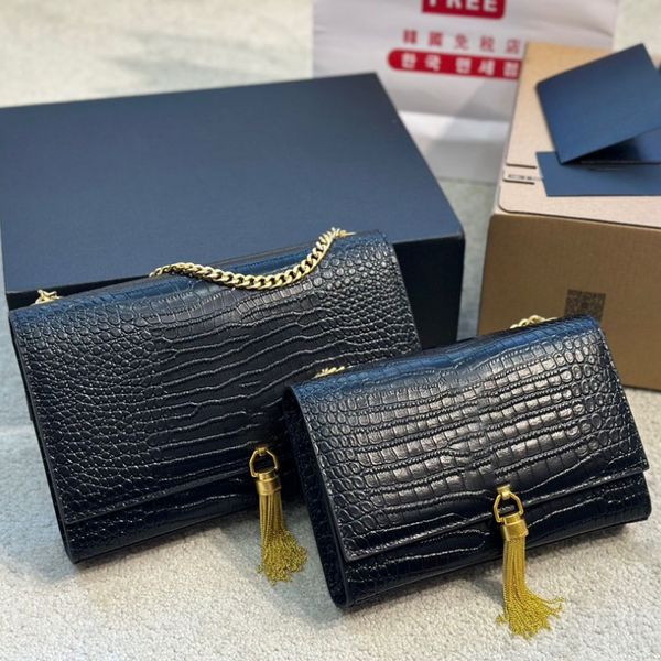

designer kate medium chain bag with tassel in crocodile embossed shiny leather women leather shoulder bags crossbody fashion brand woman vin