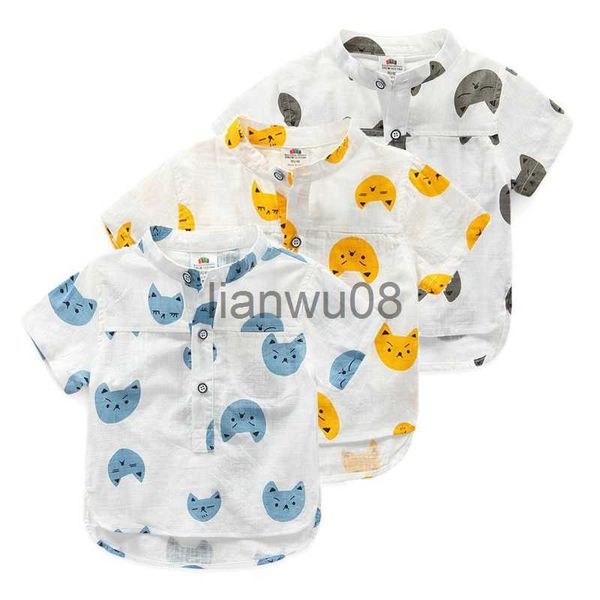 

kids shirts 2023 summer 210 years children's clothing cotton chinese mandarin collar cat print shortsleeve shirt for baby child kids bo, White;black
