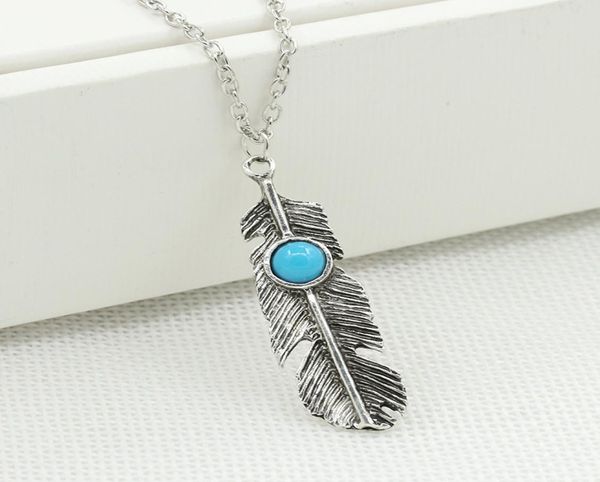 

fashion vintage feather necklaces simple classic leaves style alloy turquoises pendant necklace jewelry for women choker silver5059549, Silver