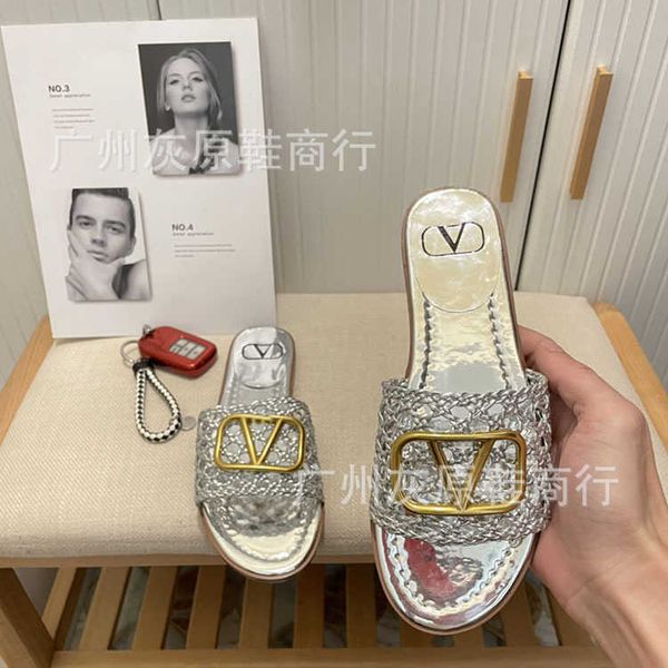 

flat sandal hollow women woven valentinoz wear beach buckle slippers designer summer v-home slip fashion metal bottomed one line sandals jm2