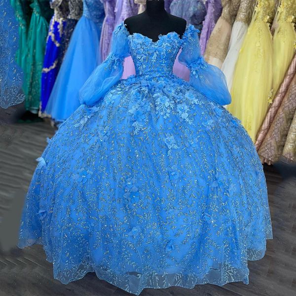 

sky blue shiny quinceanera dress off the shoulder party prom dress ball gown 3dflower lace girl sweet 16 party gown vestidos, Blue;red
