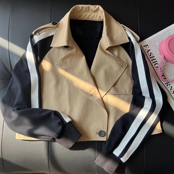 

lee06 women's jacket autumn luxury designer print short lapel long sleeve patchwork single breasted hit color casual coat female spring, Black;brown