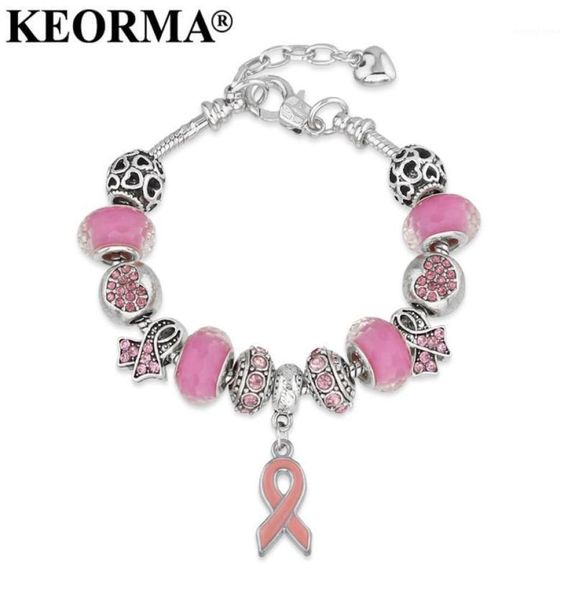 

keorma breast cancer awareness pink ribbon pendant heart chain adjustable charm bracelet & bangles women mother's day gift15899584, Golden;silver
