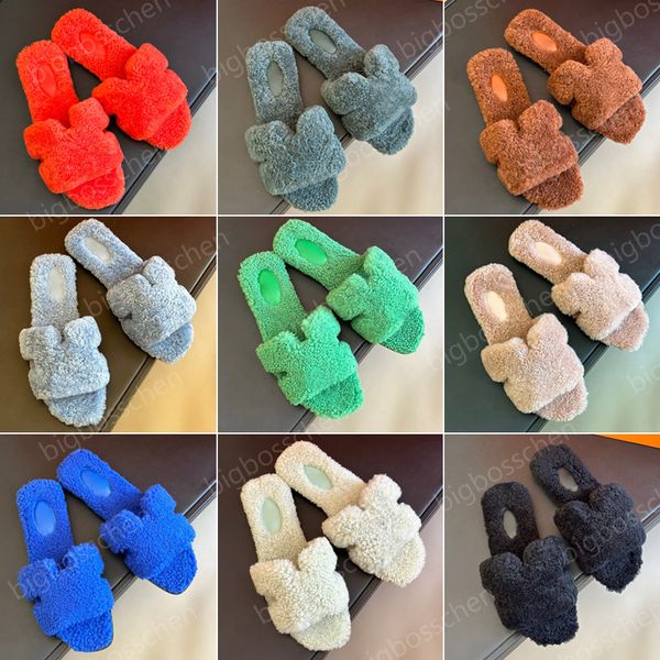 

designer women's luxury h fur slippers fluffy shearling slides sandals flat bottom warm wool slippers comfortable autumn and winter hom, Black