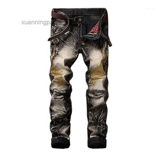 

men's jeans hemiks embroidery wing ripped slim fit tapered leg pants style fashion biker straight skinny 3xv2, Blue