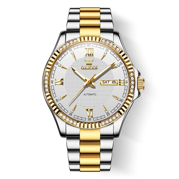 

wristwatches olevs 6676 stainless steel strap business men wristwatch waterproof automatic mechanical watches for men calendar week display, Slivery;brown