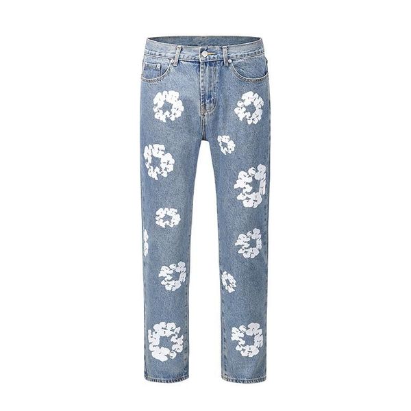 

flower full print jeans pants oversized streetwear straight casual men and women denim trousers, Blue