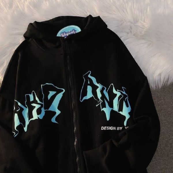 

womens hoodies sweatshirts alphabet printing y2k zip sweatshirt cardigan men women clothing retro hoodie loose drape lazy gothic punk fashio, Black