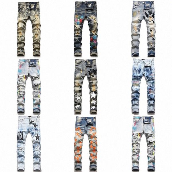 

jeans purple jeans designer men's jeans stacked jeans men's pants oversized flap patched holes denim straight leg jeans locomotive, Blue