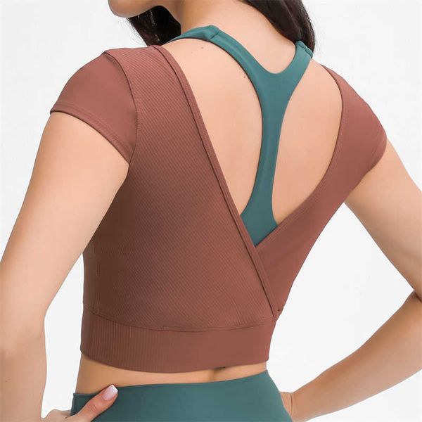 

lulu t-shirt summer tee women workout crop criss cross strappy back short sleeve ribbon fabric sports woman top