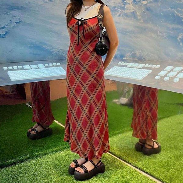 

wind summer french retro checkered printed strap long dress for women, Black;gray