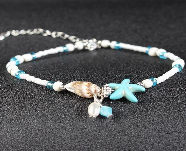 

handmade beads sandal anklet bracelet foot jewelry shell starfish anklets for women ps09673654466, Red;blue