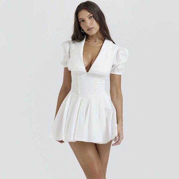 

deep v puff sleeves white bow short skirt slim french dress womens, Black;gray