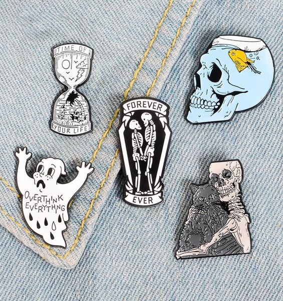 

your life hourglass enamel pins ghost skeleton fish tank skull badge brooch bag denim shirt lapel pin gothic cat jewelry gift1634921, Gray