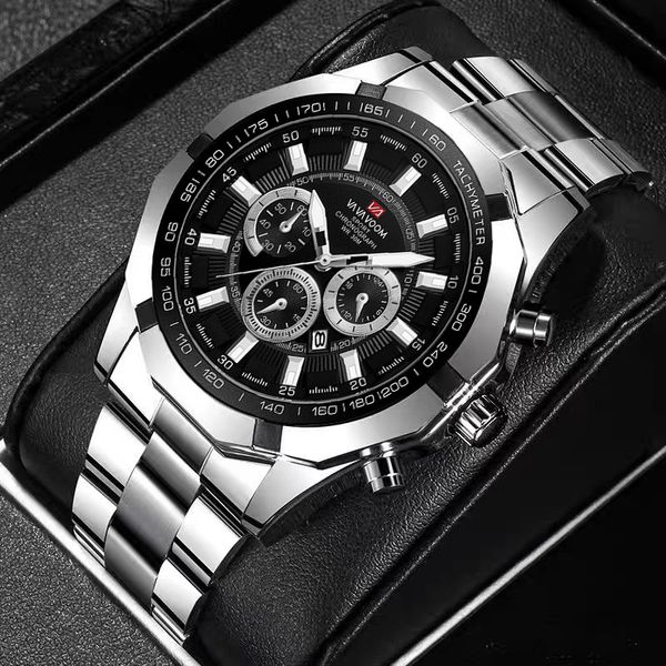 

2023 new fashion classic watch foreign trade watch quartz watch student calendar men's waterproof stainless steel strip watch, Slivery;black