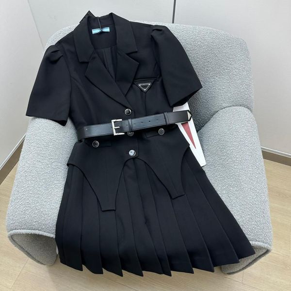 

basic womens casual dresses fashion suit pleated dress double-breasted suits elegant woman dresses summer classic print clothing, Black;gray