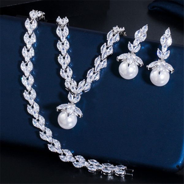 

fashion 2pcs/set bridal jewelry set shell pearl necklace earring african jewelry sets white aaa zirconia woman wedding bridesmaid diamond ea, Silver