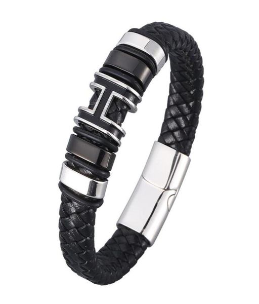 

genuine braided leather bracelet for men stainless steel magnet clasp h charm woven bangle trendy male wristband jewelry sp09773172056309, Golden;silver