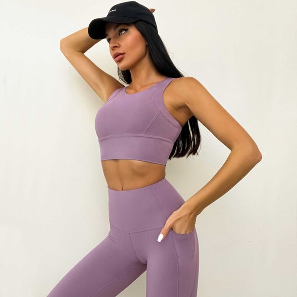 

high nude fabric sports tank high waist pants pocket yoga suit set, White;red