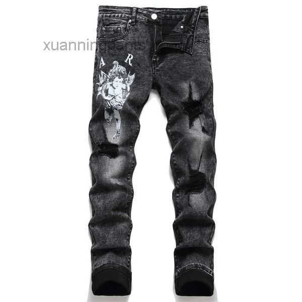 

aimirs jeans with stars men regular fit pencil pants embroidery letter zipper fly black biker denim ripped fukk, Blue