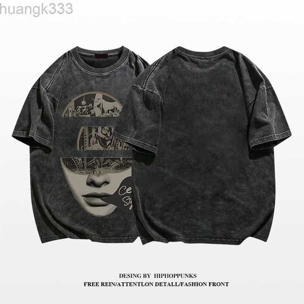 

galleries hip fashion brand european and american vintage high street short sleeve men's t-shirt 2023 new large loose heavy duty cotton, White;black