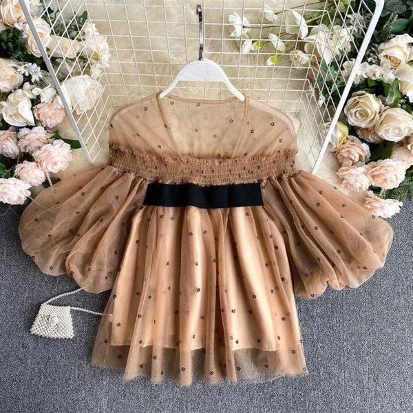 

retro french royal design lantern sleeve mesh summer women blouse t2006082045, White