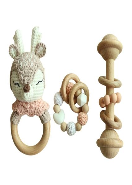 

ins wood crochet deer baby teether newborn dummy holder pacifier clips teething bracelets cute soother chain infants rattle teethe3447979