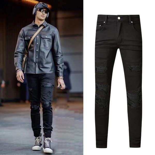 

euro us patches knee skinny jeans ripped stretch cotton plus size 38, Blue