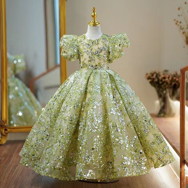 

bling green ball gown pearls flower girl dresses for wedding appliqued pageant gowns floor length tulle first communion dress sequined shiny, White;blue