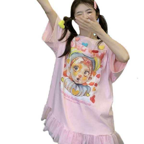 

summer korean style sweet age reducing cute fun print short sleeved stitching mesh dress for women, Black;gray