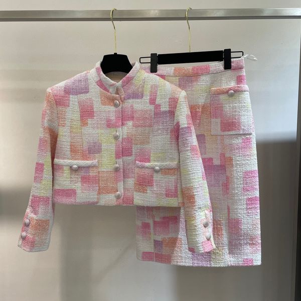 

c1015 spring brand new designer france style women's pink plaid stand collar tweed jackets, White