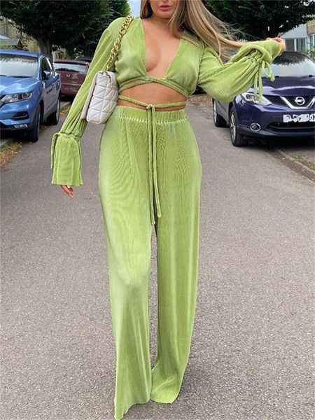 

women's two piece pants wsevypo green pleated 2pieces pants suits women sets solid flare long sleeve bandage crop wide leg loose long p, White