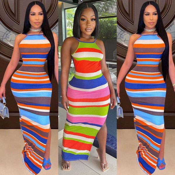 

womens summer thread pitted striped dress long, Black;gray