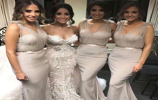 

new mermaid bridesmaids dresses v neck pleats sweep train formal party dresses country maid of honor prom gowns custom made6484375, White;pink