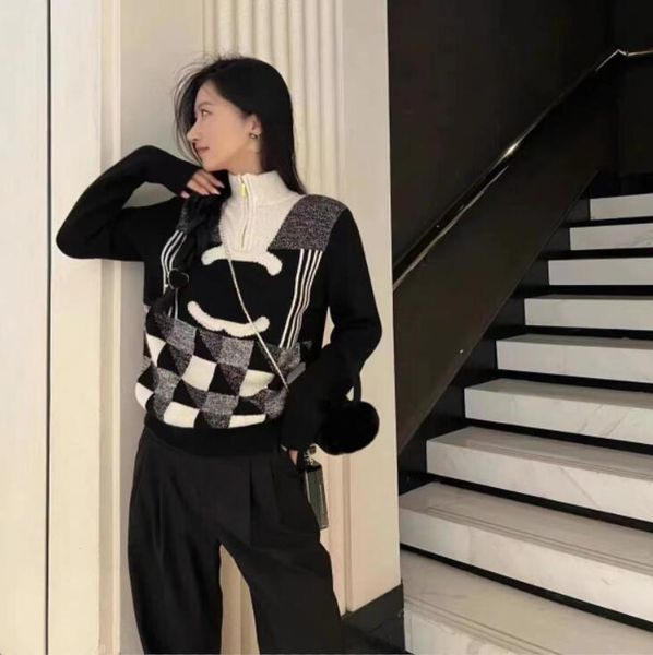 

designer fashion warm women sweater high-end luxury black and white matching color jacquard loose comfortable personality wool top, White;black