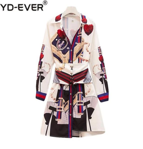 

casual dresses summer trend long sleeve runway shirt dress women turndown collar mini laceup irregular female retro pattern prin7294603, Black;gray