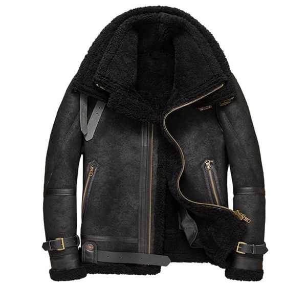 

2019 new mens black b3 sheepskin shearling jacket double collar leather jacket short winter fur coat mens motorcycle1256696