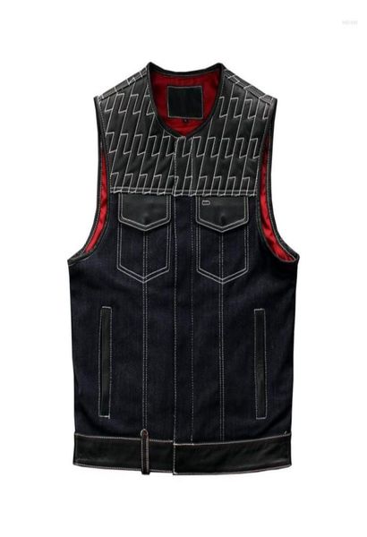 

men039s vests soa men39s leather and denim motorcycle biker vest genuine cowhide sleeveless jackets embroidery punk rock wai4961901, Black;white