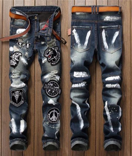 

unique mens distressed pleated tiger badge ripped jeans fashion designer retro washed blue motorcycle straight leg denim pants 0019537688