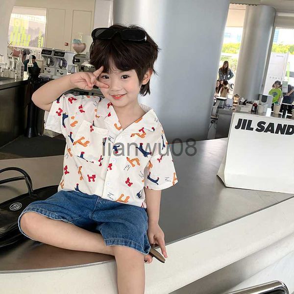 

kids shirts 2023 summer children's casual shirt boy's handsome cartoon short sleeve x0728, White;black
