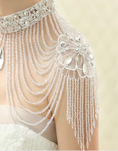 

fashion ladies women wedding shoulder necklace with tassel crystal rhinestone high neckline women wedding dress accessories3642757, White