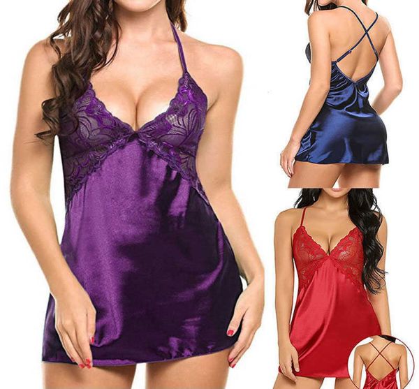 

women sleepwear lingerie ladies sling pajamas v neck backless sleepdress lace nightwear female sleepshirts 6 colors3690964, Black;red